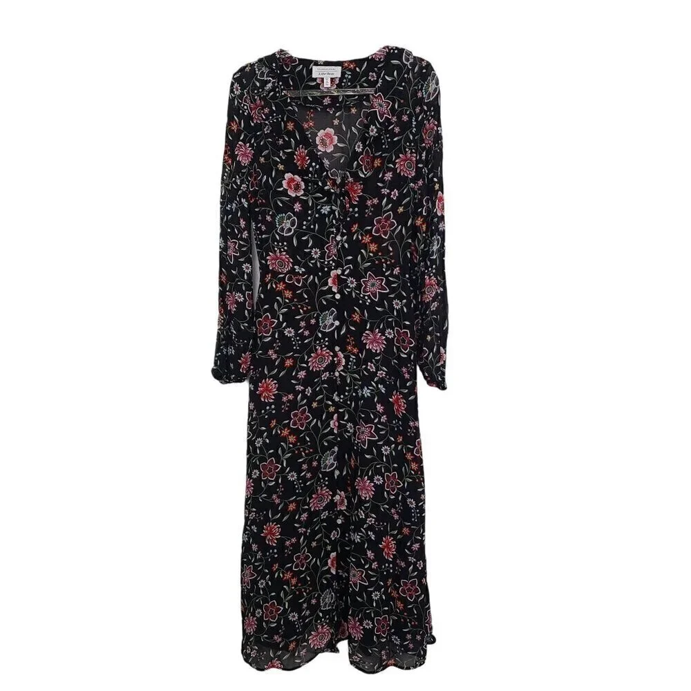 & Other Stories Dark Floral Midi Dress Cottage Lightweight Black Womens Size 4